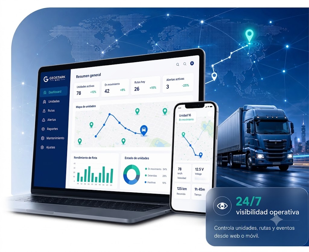 Visual de la plataforma GEOSTARKGPS con dashboard web, app móvil y camión monitoreado